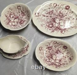 Johnson Bros Windsor Ware Dover Mulberry 4 Pc Serving Bowls, Platter, Gravy Boat