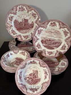 Johnson Brothers 12 piece dinnerware set plates bowls Red Pink Transfer Ware EUC