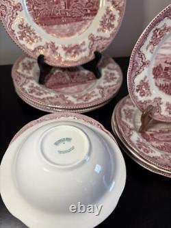Johnson Brothers 12 piece dinnerware set plates bowls Red Pink Transfer Ware EUC