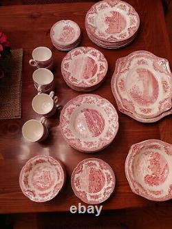 Johnson Brothers 59 piece British Castles Red Transferware Dinner Set for 8