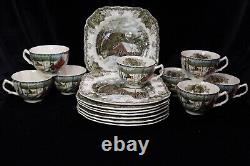 Johnson Brothers Friendly Village 8 Square Snack Plates & 8 Cups Covered Bridge