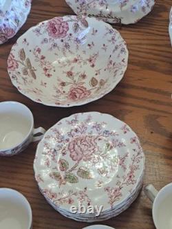 Johnson Brothers Ironstone Vintage Rose Chintz Pink 53 Piece Grouping England