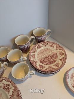 Johnson Brothers Red/White Transferware Old Britain Castles 27 Pieces