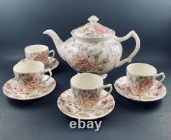 Johnson Brothers Rose Chintz TEAPOT w 4 DEMITASSE Cups & Saucers England Discont