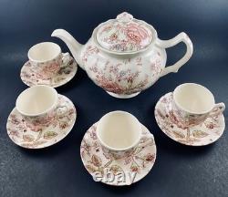 Johnson Brothers Rose Chintz TEAPOT w 4 DEMITASSE Cups & Saucers England Discont
