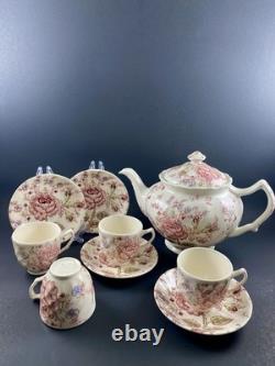 Johnson Brothers Rose Chintz TEAPOT w 4 DEMITASSE Cups & Saucers England Discont