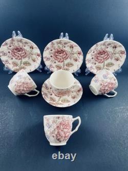 Johnson Brothers Rose Chintz TEAPOT w 4 DEMITASSE Cups & Saucers England Discont