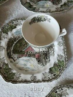 Johnson Brothers The Friendly Village Covered Bridge 7 Snack Plates and Tea Cups