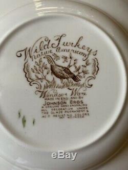Johnson Brothers Wild Turkeys 4 SOUP BOWLS Windsor Ware, Native American, MINT
