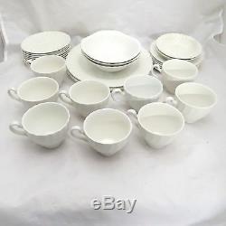 Lot of 32 Johnson Brothers Ironstone White Swirl Cup Saucer Dinner Plate Bowl