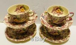 Old English Chintz Pattern Johnson Brother Set of 4 Flat Cup & Saucer excellent
