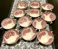 RARE 6 Johnson Bros Old Britain Castles CREAM SOUP BOWLS Pink Red