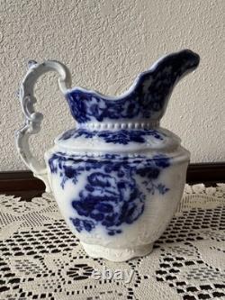 RARE Antique Johnson Bros POPPY Blue Flow Pitcher 7 Tall