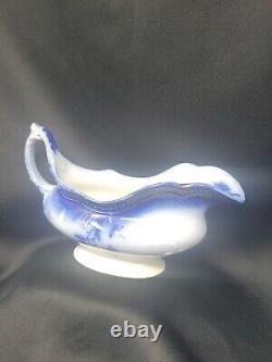 RARE Antique Johnson Bros ST LOUIS Flow Blue Pattern Gravy Boat With Gold Accent