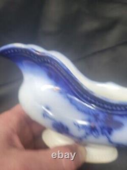 RARE Antique Johnson Bros ST LOUIS Flow Blue Pattern Gravy Boat With Gold Accent