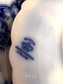 Rare Set of 5 Georgia Johnson Bros. England Flow Blue Coupe Soup Bowls 7 5/8