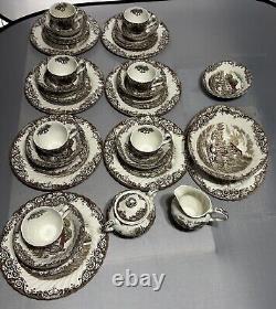 SEVEN Johnson Brothers Heritage Hall Brown 5-Piece Settings + Serving Dishes