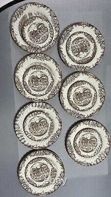 SEVEN Johnson Brothers Heritage Hall Brown 5-Piece Settings + Serving Dishes