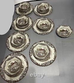 SEVEN Johnson Brothers Heritage Hall Brown 5-Piece Settings + Serving Dishes