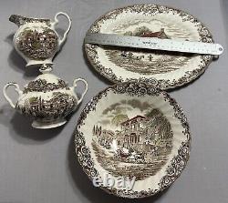 SEVEN Johnson Brothers Heritage Hall Brown 5-Piece Settings + Serving Dishes