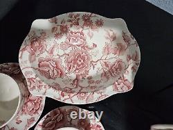 Set Johnson Brothers English Chippendale Red Pink 6 Plate with Cup, Platter, Bowl