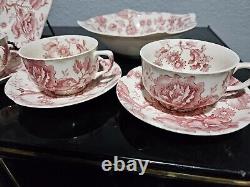 Set Johnson Brothers English Chippendale Red Pink 6 Plate with Cup, Platter, Bowl