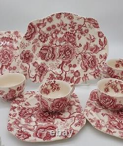 Set Johnson Brothers English Chippendale Red Pink Snack 6 Plate with Cup, Platter