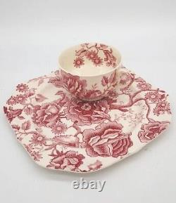 Set Johnson Brothers English Chippendale Red Pink Snack 6 Plate with Cup, Platter