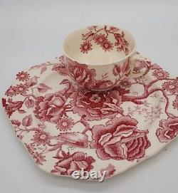 Set Johnson Brothers English Chippendale Red Pink Snack 6 Plate with Cup, Platter