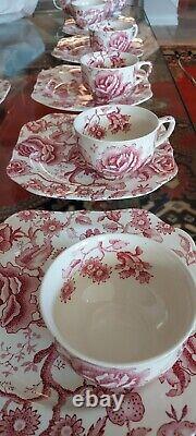 Set Johnson Brothers English Chippendale Red Pink Snack 6 Plate with Cup, Platter