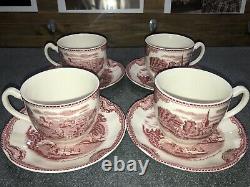 Set Of 4 Johnson Brothers Old Britain Castles Pink Cups & Saucers Excellent