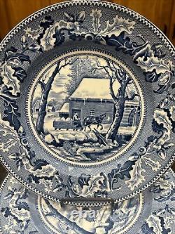 Set of 4 Johnson Bros Historic America Blue Frozen Up Dinner Plate Thanksgiving