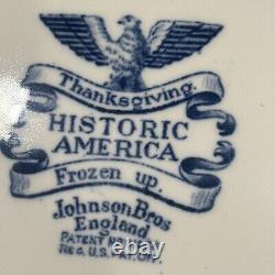 Set of 4 Johnson Bros Historic America Blue Frozen Up Dinner Plate Thanksgiving