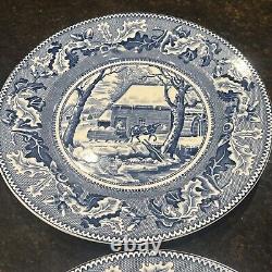 Set of 4 Johnson Bros Historic America Blue Frozen Up Dinner Plate Thanksgiving