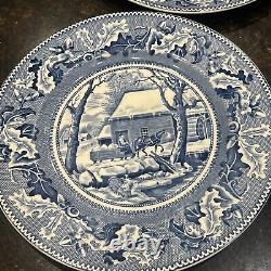 Set of 4 Johnson Bros Historic America Blue Frozen Up Dinner Plate Thanksgiving