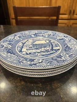 Set of 4 Johnson Bros Historic America Blue Frozen Up Dinner Plate Thanksgiving