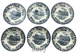 Set of 6 Johnson Brothers England Coaching Scenes 6.25 Salad Plates Blue White