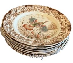 Set of 8 Johnson Brothers Wild Turkeys Brown 10 3/4 Dinner Plate Flying Turkey