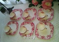 Strawberry Fair Pink by Johnson Bros Teacup & Snack Plate Set of 6 Discontinued