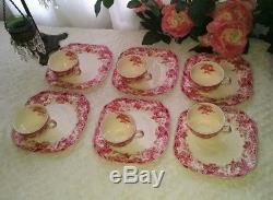 Strawberry Fair Pink by Johnson Bros Teacup & Snack Plate Set of 6 Discontinued