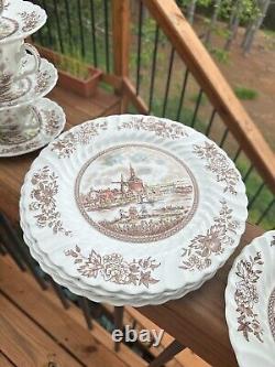 TULIP TIME Brown Set by Johnson Bros England Dinner Plates Bowls Platter Cups