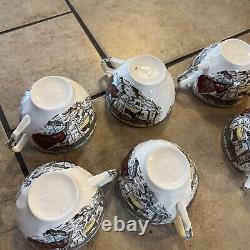 VINTAGE SET OF 9 Johnson BROS FRIENDLY VILLAGE TEA CUPS & SAUCERS THE ICE HOUSE