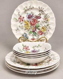 VTG Johnson Bros Sheraton England Ironstone 8Pc Dinner Plates &Square Soup Bowls
