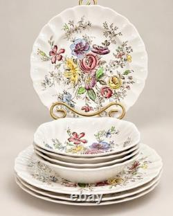 VTG Johnson Bros Sheraton England Ironstone 8Pc Dinner Plates &Square Soup Bowls