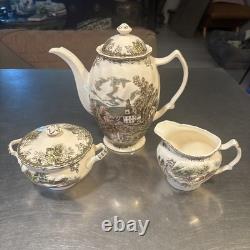 VTG Johnson Brothers The Friendly Village 9 Coffee Pot, Sugar Bowl & Creamer