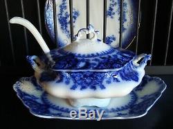 Very Rare HTF Flow Blue Johnson Bros. Florida 4 piece Huge Soup Tureen Set