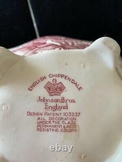Vintage English Chippendale Johnson Brothers England Red Pink Rose Flower Teapot