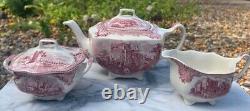 Vintage Johnson Bros Old Britain Castles Pink 5 Piece Tea Pot Set Sugar Creamer