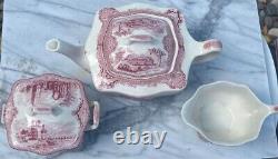 Vintage Johnson Bros Old Britain Castles Pink 5 Piece Tea Pot Set Sugar Creamer