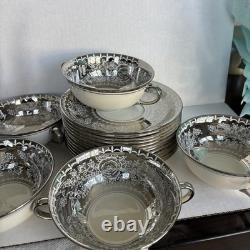 Vintage Johnson Bros. Pareek silver china lot saucers teapot and bowls. Read
